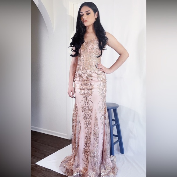 Camille Embellished Mermaid Gown (Rose Gold) main image 1